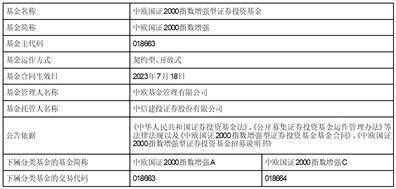 中欧国证2000指数增强型证券投资基金 基金合同生效公告